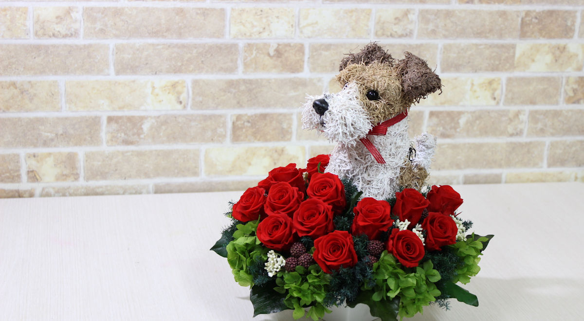 プリザーブドフラワー犬,ワイヤーフォックステリア,犬花アレンジメント販売