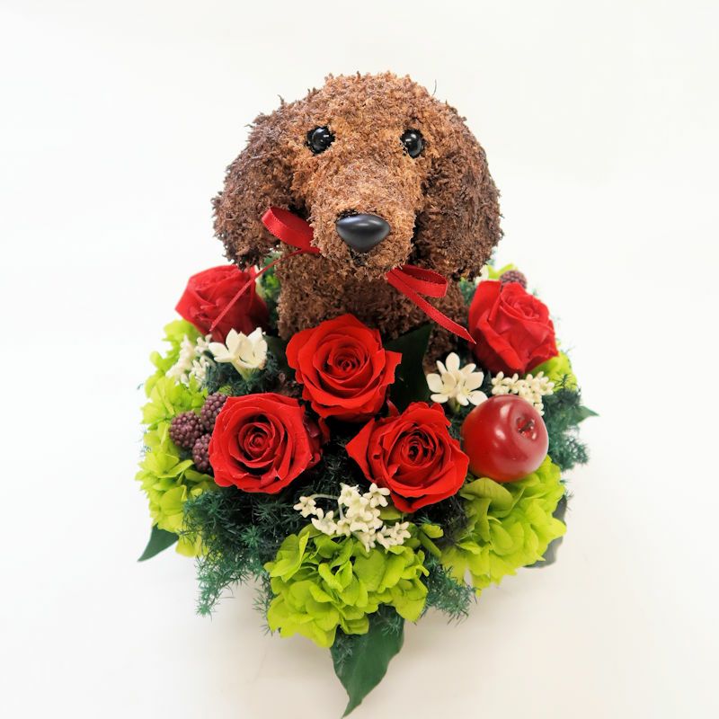 ダックスグッズプレゼントにおしゃれな犬フラワーアレンジメント 