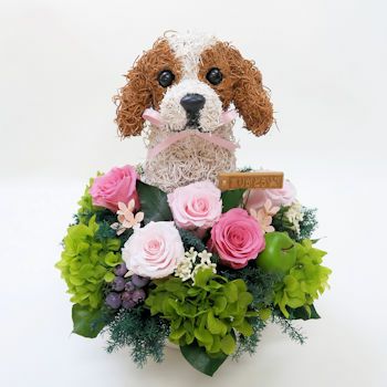 犬一周忌花 キャバリアのプリザーブドフラワーお供え花 アトリエ花倶楽部