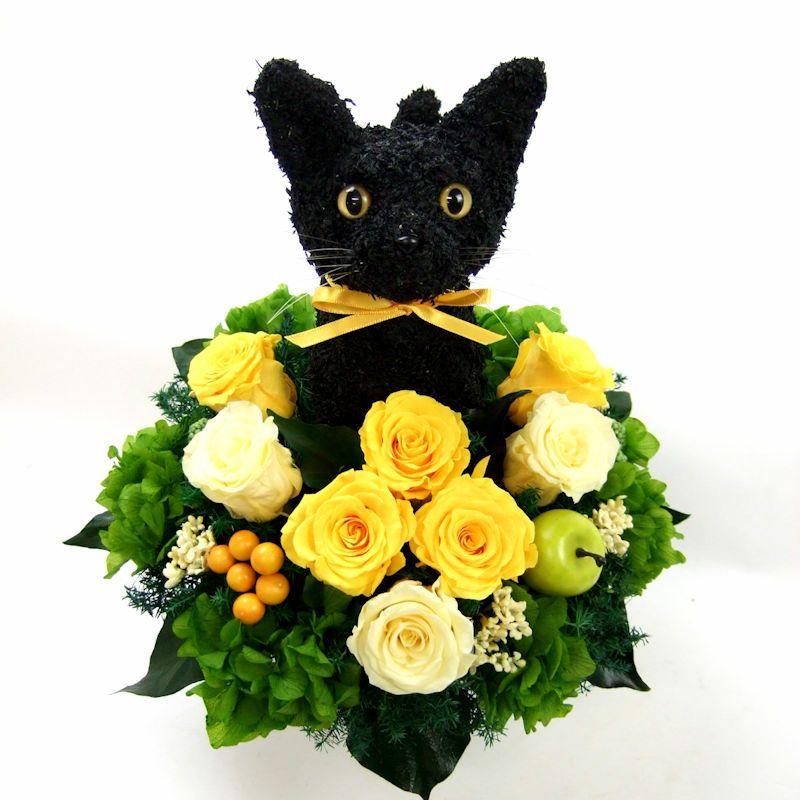 黒猫のプリザーブドフラワーアレンジcute アトリエ花倶楽部