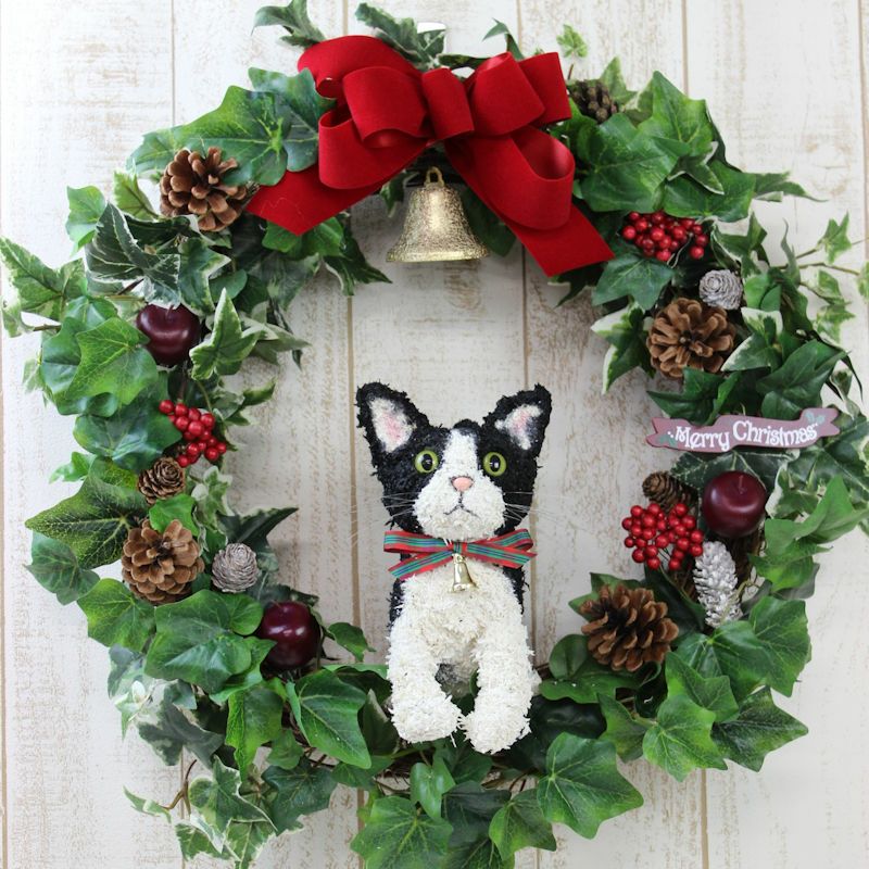 白黒猫(ハチワレ）のトピアリー クリスマスリース アートタイプ