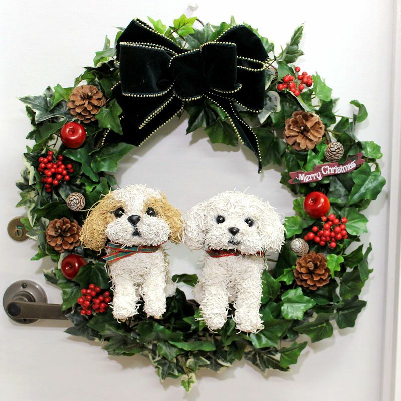 犬のクリスマスリースアートタイプ　２匹の犬タイプ　シーズーとマルチーズ