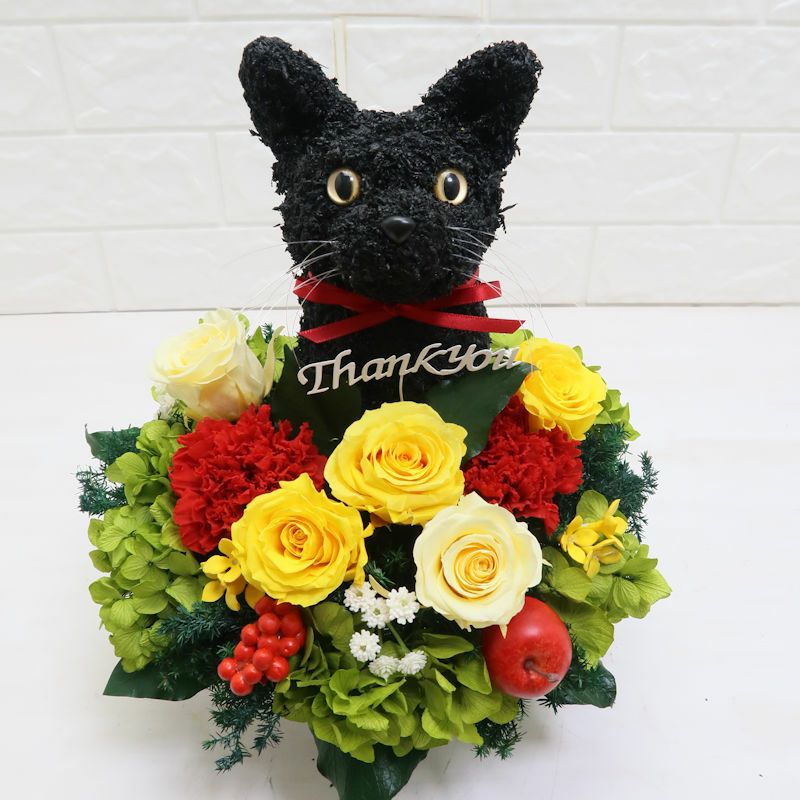 母の日猫花アレンジ黒猫のプリザーブドフラワーアレンジthank youプレート付き｜アトリエ花倶楽部